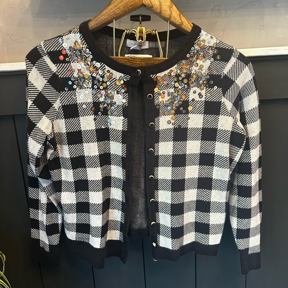Charter Club Colorful Sequin Gingham Buffalo Plaid Button Down Cardigan Size PL‎